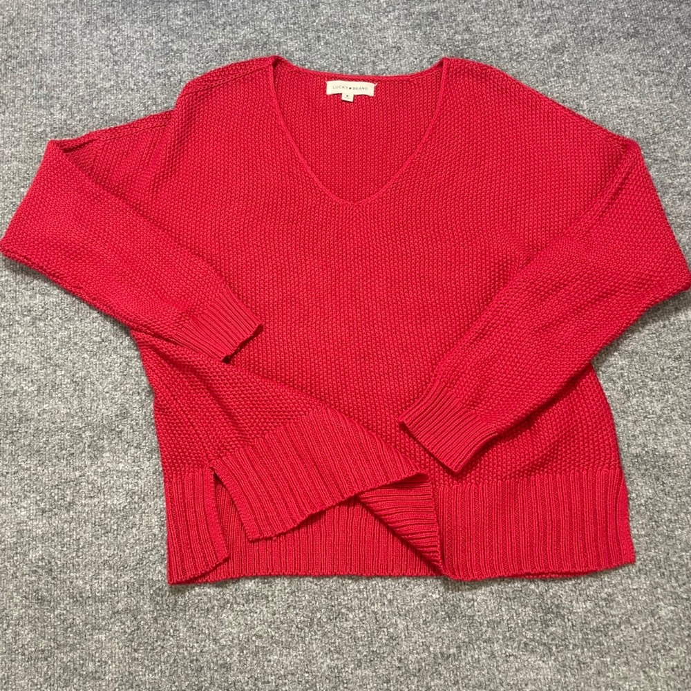 Lucky Brand Open Weave Sweater Size Medium Boxy V Neck Red Pullover Cotton Blend